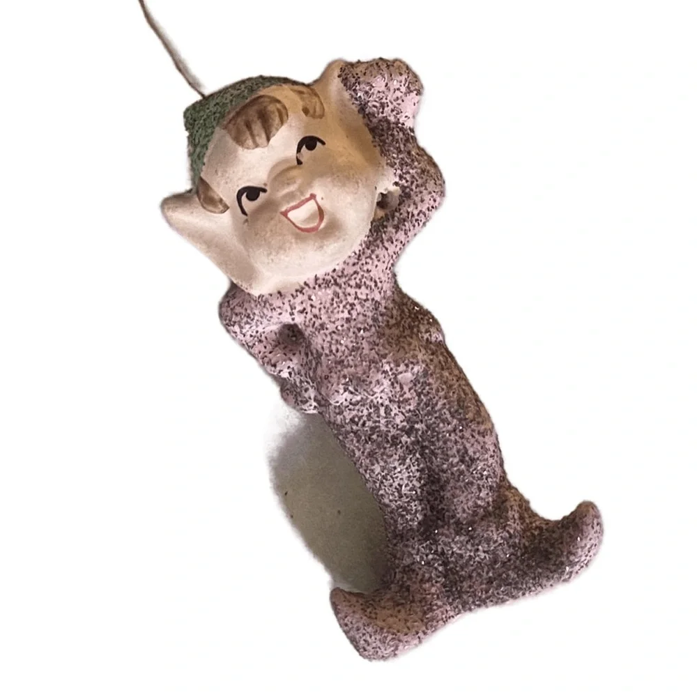 Vintage Christmas Ornament Pixie Elf Antique Japan Pink Mica Glitter 40’s 50’s